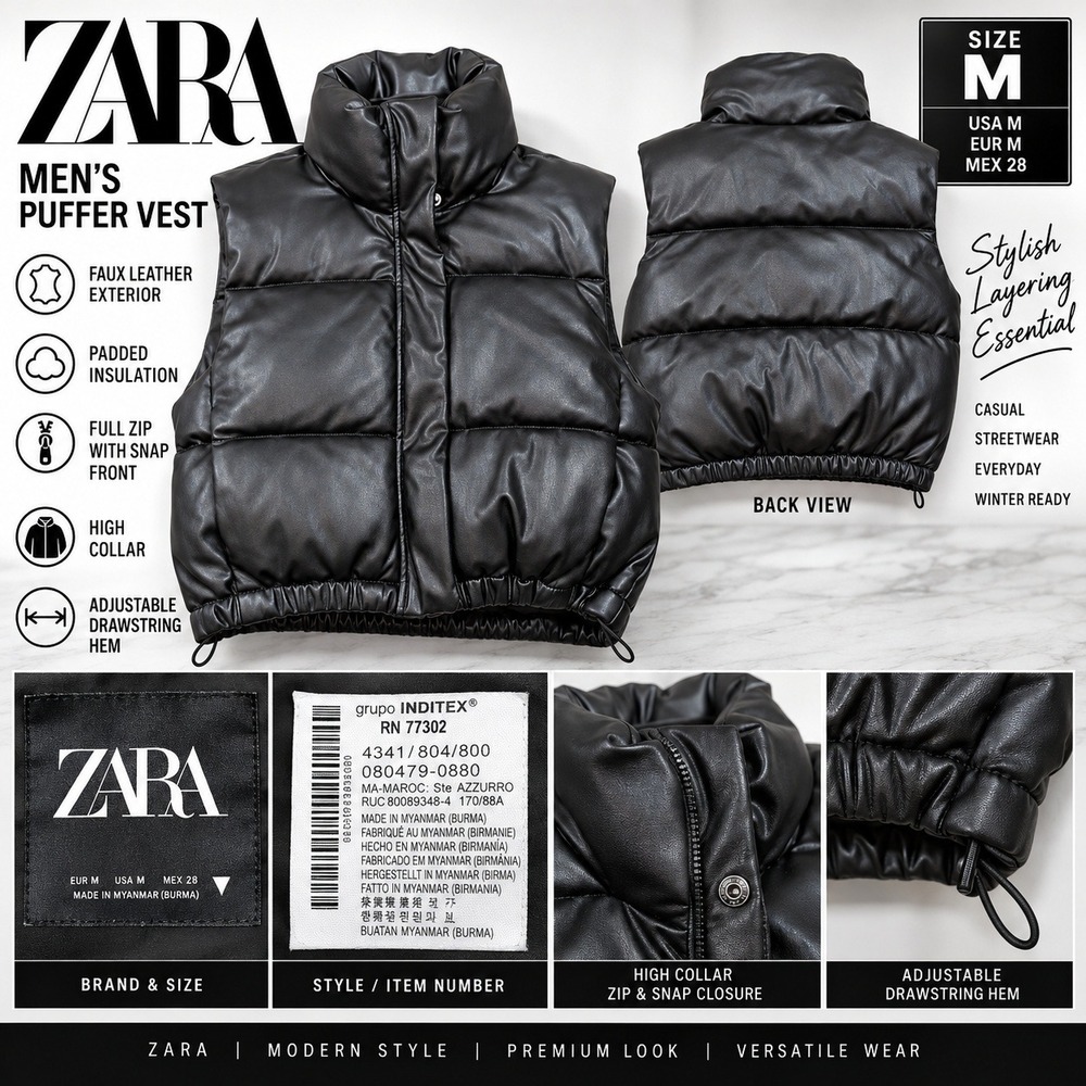 Zara Mens Black Faux Leather Puffer Vest High Collar Padded 4341/804/800 Size M